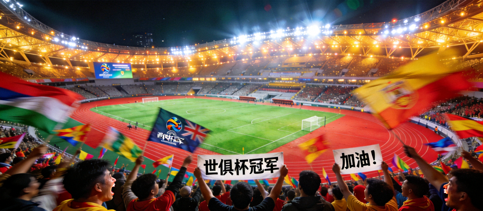 世俱杯决赛夜球场全景，看台灯光璀璨，球迷挥舞旗帜为球队呐喊助威
